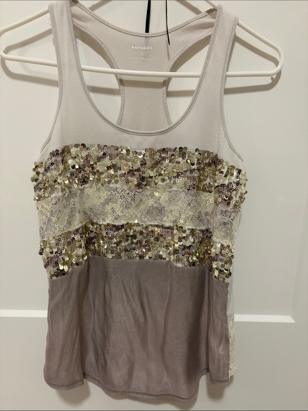 Express Cream Tank Top with Gold Sequin & Lace Detail